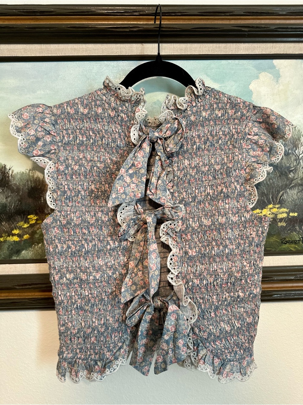 Sezane Liorane Smocked Ruffle Top in Blue-Pink Floral - Picture 5 of 5